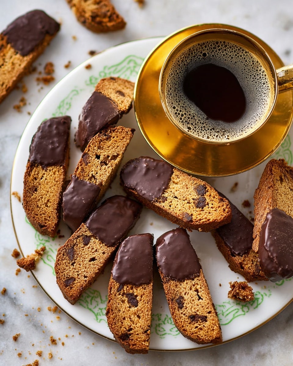 The image shows a round golden serving tray on a white marbled surface, with several biscotti pieces scattered on it. Each biscotti is brown with visible dark chocolate chips inside and dipped halfway in smooth, dark chocolate. The biscotti pieces vary slightly in size and are arranged in a casual way, with some crumbs around them. There is also a shiny golden cup filled with dark coffee on the tray, resting on a matching saucer near the top right corner. One biscotti piece leans against the cup. The overall scene feels warm and inviting, perfect for a coffee break. photo taken with an iphone --ar 4:5 --v 7