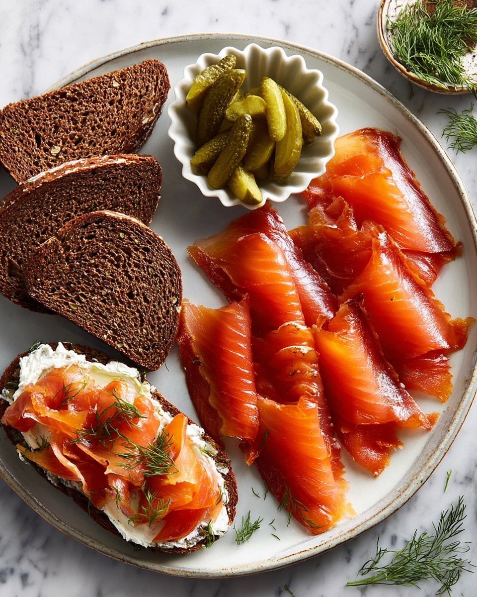 A white plate on a white marbled surface holds several thin slices of bright orange smoked salmon with glossy, slightly oily texture, arranged in two neat rows on the right side. On the left are two pieces of dark brown rye bread and one open-faced sandwich made of dark brown rye bread spread thickly with creamy white cheese, topped with layered smoked salmon slices, three thin green pickle slices, and small green dill sprigs scattered around. A small white scalloped bowl filled with green pickle slices and fresh dill sits near the bread. photo taken with an iphone --ar 4:5 --v 7