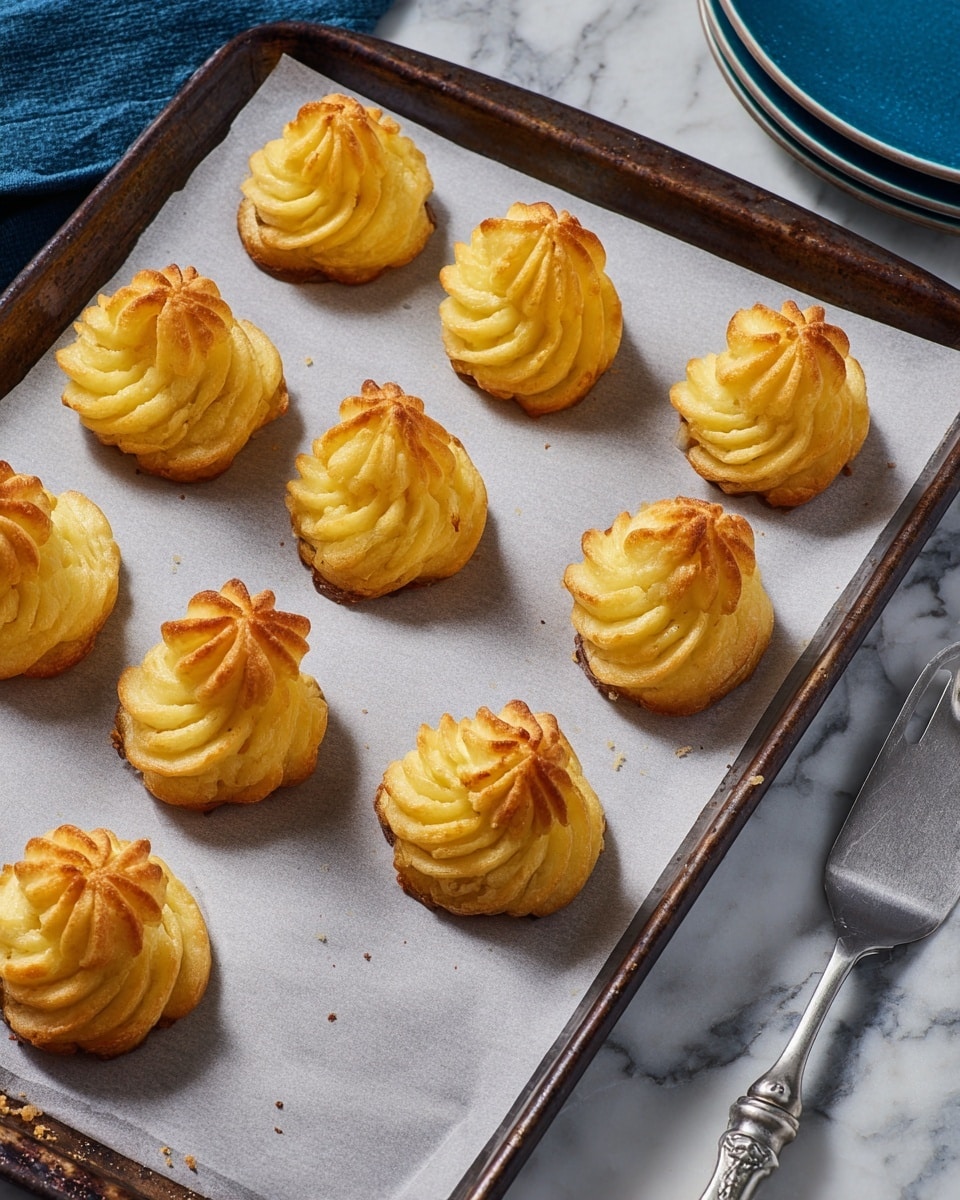 The image shows nine golden brown duchess potatoes on a square baking tray lined with white parchment paper. Each potato is shaped like a small swirl mound with well-defined ridges, and the tips of the ridges are browned, giving a crispy look. The tray is dark and rests on a white marbled surface. A large silver spatula is seen on the right side of the tray, partly resting on the parchment paper. In the background, a white plate with similar duchess potatoes is partially visible. The overall setting is bright, highlighting the texture of the potatoes and the rustic feel of the tray photo taken with an iphone --ar 4:5 --v 7