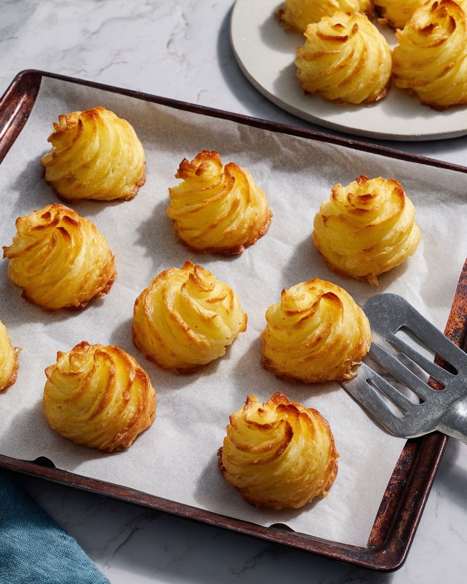 The image shows nine small, golden-brown duchess potatoes neatly spaced on white baking paper that covers a dark metal baking tray. Each duchess potato is shaped into a swirled, pointed mound with ridges created by piping, showing a lightly toasted surface with rich yellow and golden tones. The tray is placed on a white marbled surface, with a metal spatula resting near the right side. A hint of a blue plate and a dark blue cloth can be seen in the background. Photo taken with an iphone --ar 4:5 --v 7