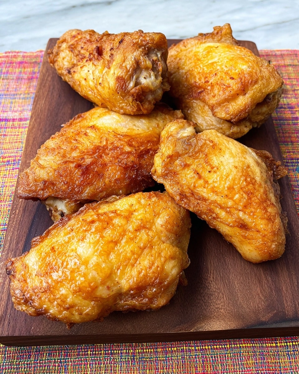 Six pieces of golden-brown fried chicken wings are stacked irregularly on a dark wooden cutting board with visible grain and texture. The chicken skin looks crispy with some cracks and browned spots, showing a slightly shiny finish from the oil. The cutting board rests on a textured, colorful woven fabric with a pattern of small checks in multiple colors. The setting is bright, highlighting the golden colors and the detailed texture of the chicken skin. photo taken with an iphone --ar 4:5 --v 7