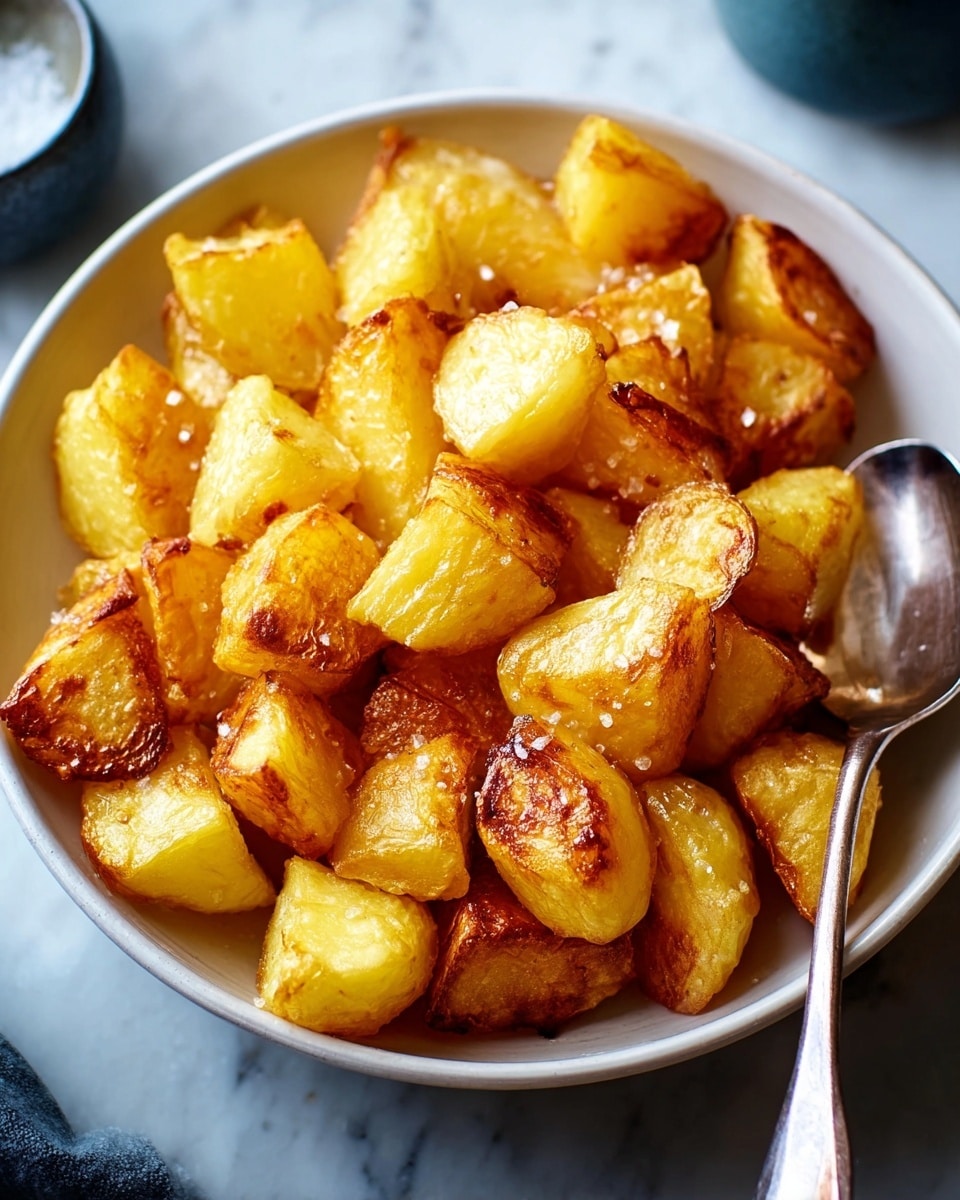 A close-up view of a white bowl filled with golden roasted potato chunks. The potatoes are cut into thick wedges, with a crispy and slightly rough texture on the outside and a soft, fluffy inside. Some pieces show a light sprinkling of coarse salt on top, adding a bit of sparkle. A silver spoon rests inside the bowl on the right side. The bowl sits on a white marbled surface. Photo taken with an iphone --ar 4:5 --v 7