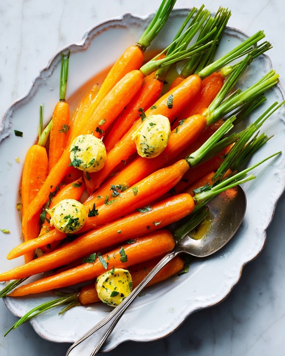 The image shows a white scalloped dish filled with bright orange baby carrots with their green tops still attached. Two small dollops of yellow herb butter with visible specks of green herbs sit on top of the carrots. A large, slightly tarnished silver spoon rests inside the dish on the right side, and the dish is placed on a white marbled surface. The colors are vibrant and fresh, with the orange carrots contrasting against the white dish and bright green stems. Photo taken with an iphone --ar 4:5 --v 7