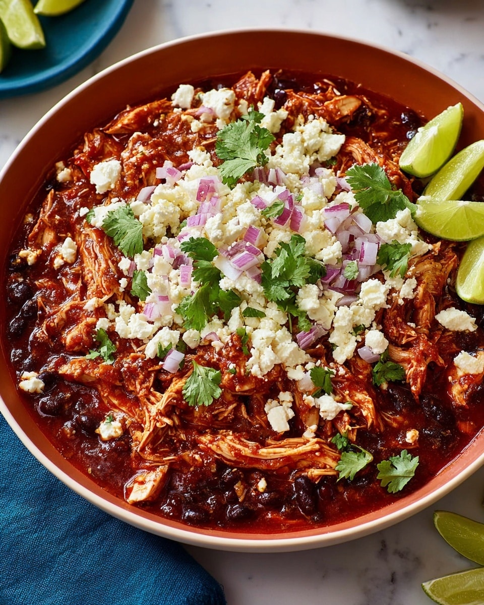 A deep white bowl is filled with a rich, red chunky sauce covering shredded pieces of chicken mixed with dark black beans. On top, there is a generous layer of crumbled white cheese scattered throughout, along with small bits of chopped red onion adding a light purple contrast. Bright green cilantro leaves are spread over the dish, adding freshness. At the side of the bowl, there are three lime wedges with bright yellow-green skin. The bowl is placed on a white marbled surface with a red cloth underneath, and in the background, there are white bowls holding guacamole and another topping. photo taken with an iphone --ar 4:5 --v 7