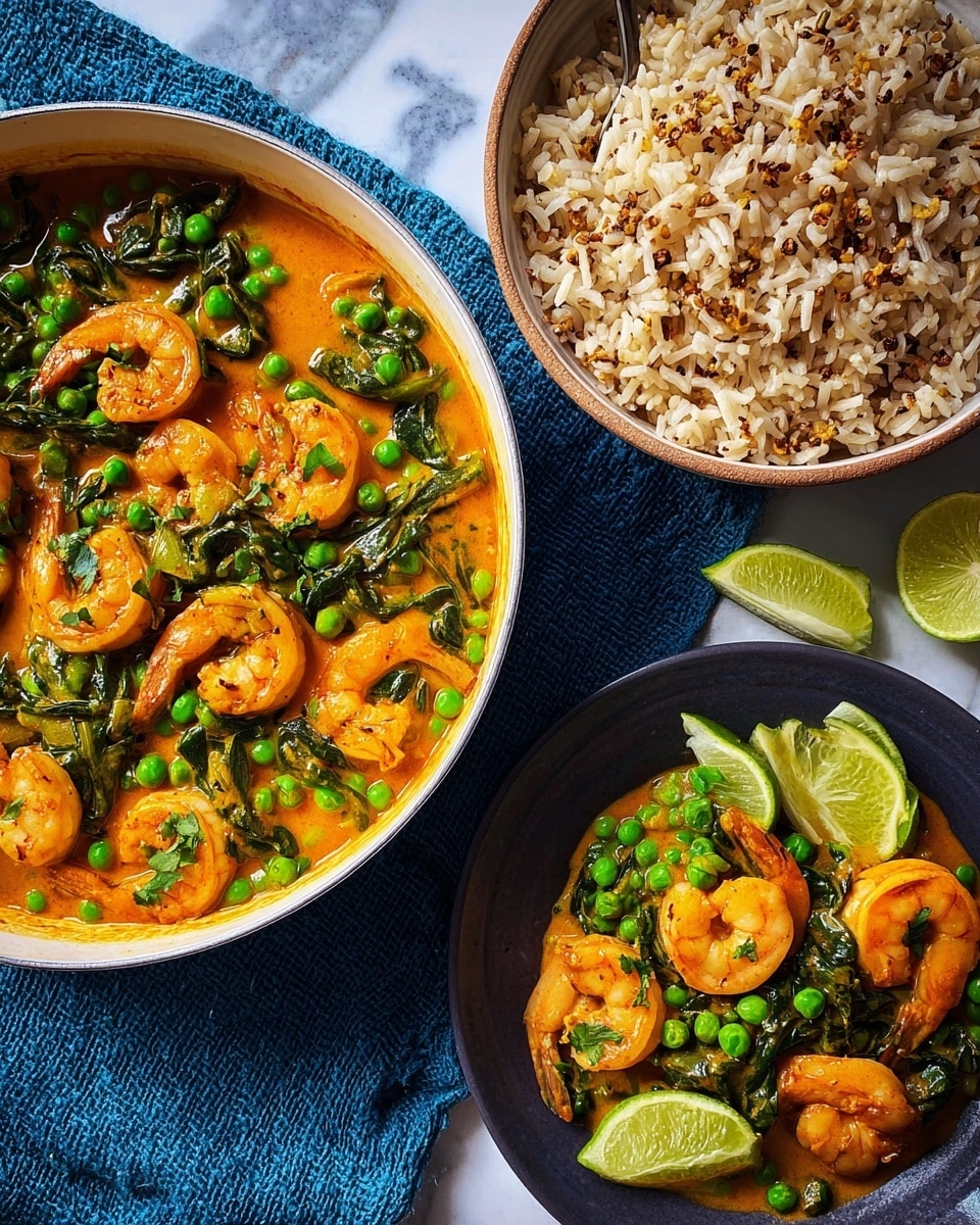 A large white pot filled with a thick orange curry sauce that contains bright green peas, curled pink shrimp, and dark green spinach leaves spread evenly throughout. Below the pot, a dark bowl holds a portion of the orange curry mixed with peas, shrimp, and spinach, partially covering a half serving of white and brown rice with lime wedges on the side. To the right, a white bowl contains more white and brown rice. The dishes are placed on a dark wooden surface with a folded blue cloth napkin beneath part of the bowl and pot. Photo taken with an iphone --ar 4:5 --v 7