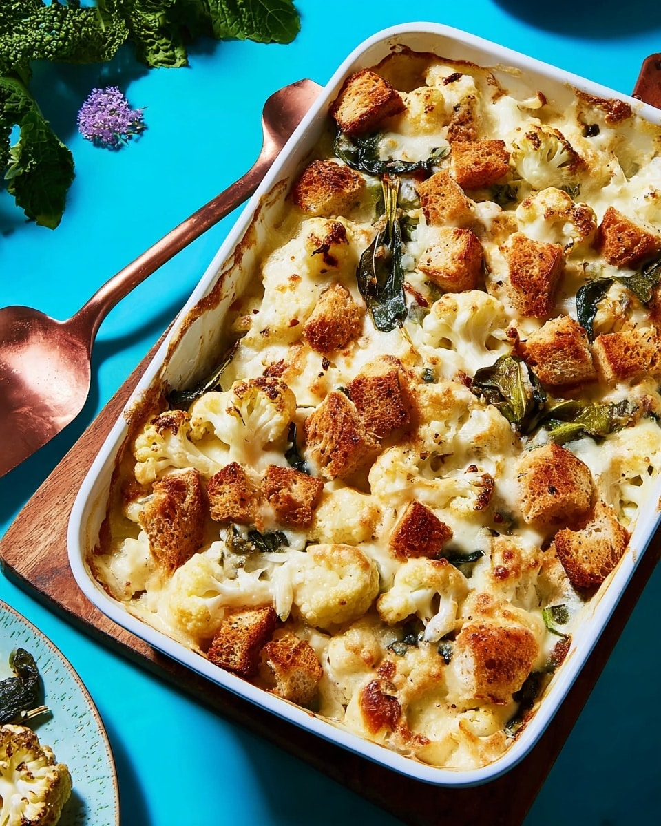 A white rectangular dish filled with a baked casserole featuring a creamy, pale cheesy sauce covering tender cauliflower pieces and dark green leafy vegetables, topped with evenly scattered golden-brown toasted bread cubes that add texture. The casserole's surface shows slight bubbling and browning from baking, while the edges reveal parts of the vegetables peeking through. The dish is placed on a white marbled surface next to a rustic copper-colored metal spatula with a wooden handle. Photo taken with an iphone --ar 4:5 --v 7