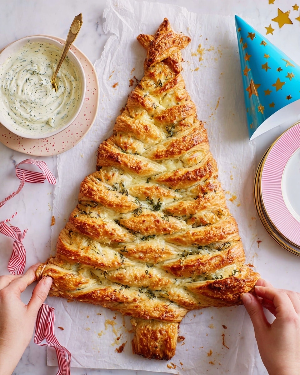 The image shows a golden brown puff pastry shaped like a Christmas tree, laid on white parchment paper over a white marbled surface. The pastry has a thick trunk at the bottom with two layers twisted outward to form branches on each side, with a slightly crispy, flakey texture and a sprinkle of melted cheese on top. The top of the tree is decorated with a small star-shaped piece of pastry. To the left, there is a white bowl with a creamy white dipping sauce that has green herbs mixed in, tied with a red and white striped ribbon. In the bottom right corner, a woman's hands are seen gently pulling one of the lower branches of the pastry. The background also has a white plate with scalloped edges and a pastel blue party hat with star stickers on the right corner. photo taken with an iphone --ar 4:5 --v 7