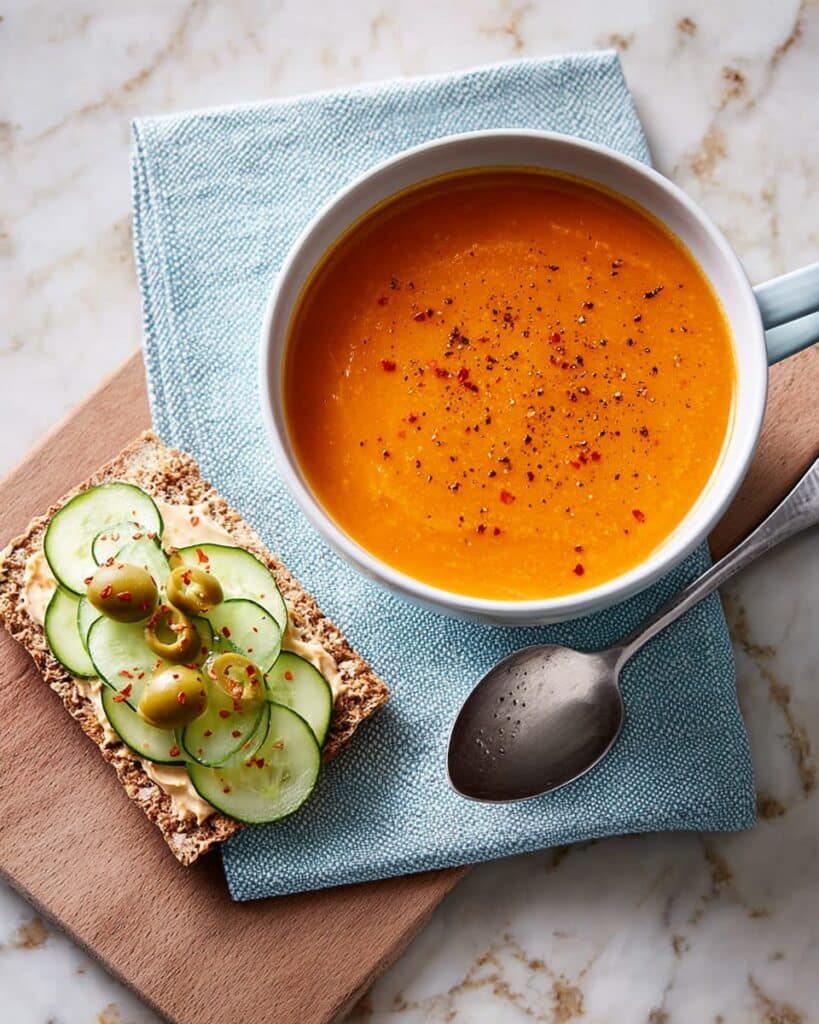 Tomato and Red Lentil Soup with Hummus Crispbreads and Vegetable Toppings Recipe