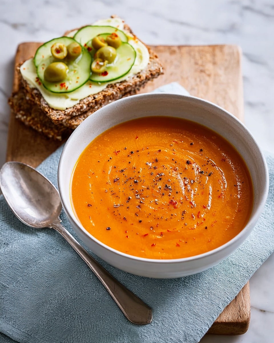 A white bowl filled with smooth orange soup sprinkled with black pepper sits on a light blue napkin on a wooden board. Next to the bowl, on the board, is a crispbread topped with a creamy light beige spread, thin round cucumber slices, green olive rings, and a sprinkle of red spice. A silver spoon rests beside the bowl on the napkin, all set on a white marbled surface. photo taken with an iphone --ar 4:5 --v 7