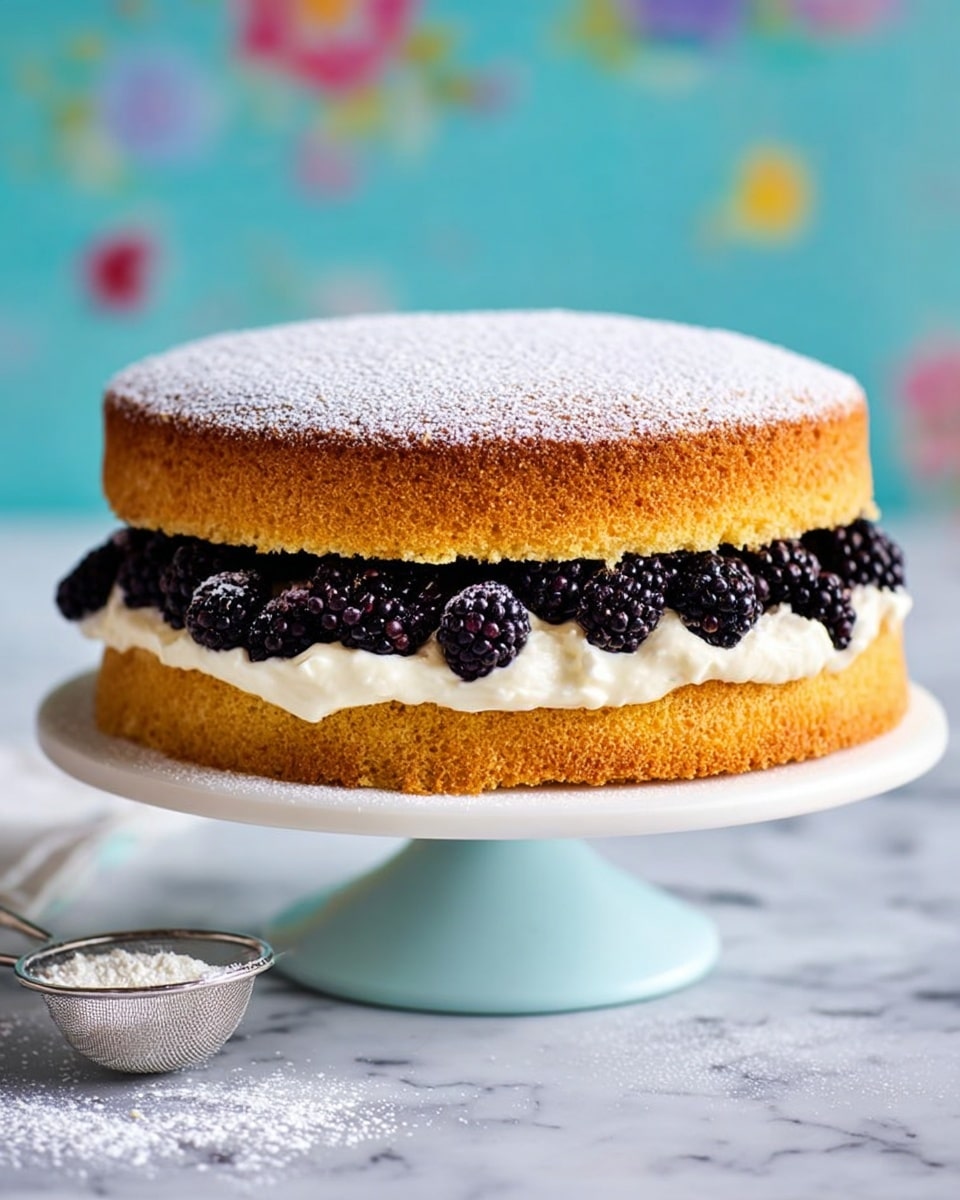 A two-layer cake on a white cake stand with a pale blue base, set against a colorful blurred background. The bottom layer is a golden brown sponge cake, topped with a thick layer of white cream. On top of the cream, there are whole blackberries arranged evenly in a ring. The top layer is another golden brown sponge cake, dusted with a light layer of powdered sugar. Some powdered sugar also sits on the white marbled surface around the cake stand. A metal sieve with powdered sugar rests in front of the stand on the white marbled surface. photo taken with an iphone --ar 4:5 --v 7