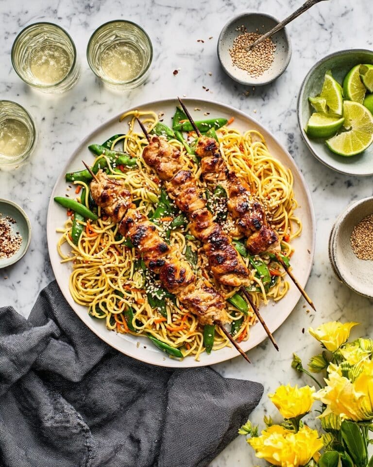 Sticky Ginger & Honey Chicken Skewers with Noodle Salad Recipe