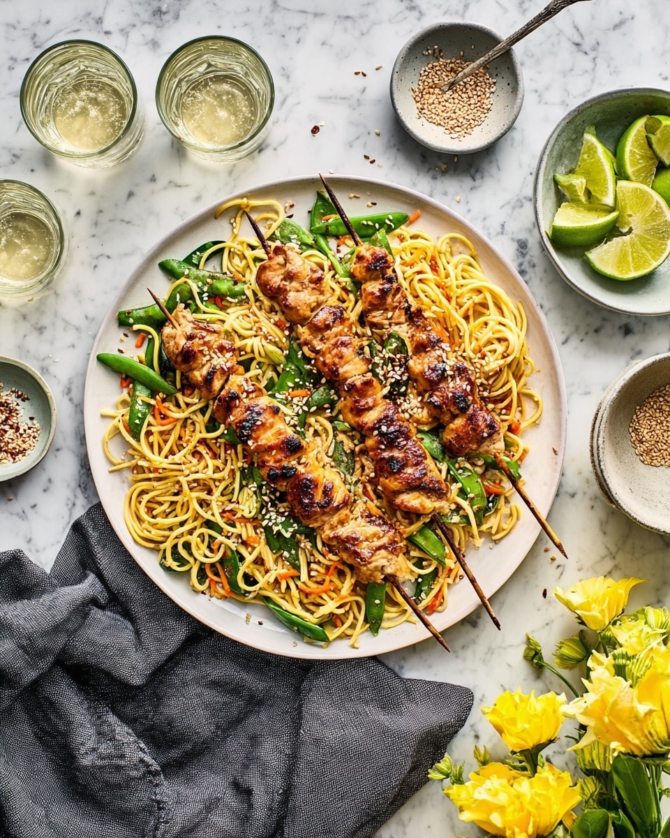 The image shows a large white plate filled with a vibrant noodle salad as the base layer, featuring thin yellow noodles mixed with bright green snap peas and thin orange carrot strips, lightly sprinkled with sesame seeds. On top of the noodles lie two skewers of grilled chicken, with a golden-brown char and slightly crispy edges, adding a textured, meaty layer. To the side, a dark gray cloth napkin is partially folded beneath the plate, with two glasses of sparkling water above it. Nearby, a small gray bowl holds sesame seeds with a spoon inside, and a white bowl contains fresh lime wedges, some slices scattered on the white marbled surface that forms the background, accompanied by bright yellow flowers on the right side. Photo taken with an iphone --ar 4:5 --v 7