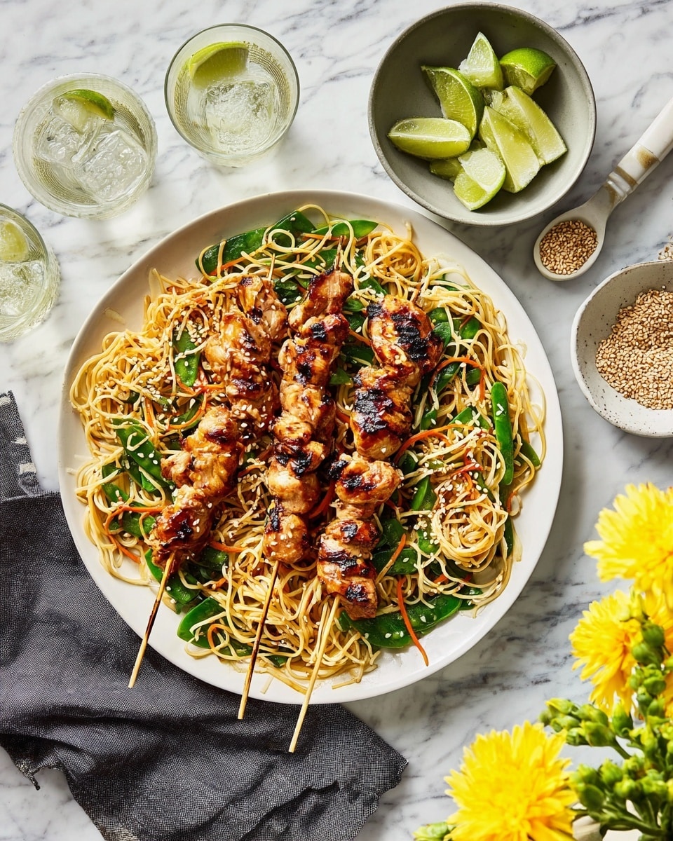 The image shows a white round plate filled with a bed of yellow noodles mixed with green snap peas and thin orange carrot strips, sprinkled lightly with sesame seeds. On top of the noodles are two grilled chicken skewers with browned, slightly charred pieces of chicken threaded onto metal skewers. The plate is placed on a white marbled surface, beside a dark gray cloth napkin. Around the plate, there are two glasses of sparkling water, a small gray bowl with sesame seeds and a spoon, and a white bowl with lime wedges, with additional lime wedges scattered on the surface. Yellow flowers appear in the upper right corner. Photo taken with an iphone --ar 4:5 --v 7