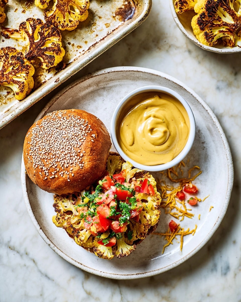 The image shows a white round plate on a white marbled texture with a sandwich and a small bowl of creamy yellow sauce. The sandwich has a golden brown sesame seed bun on top, and inside, there are two thick, golden grilled cauliflower steaks topped with colorful fresh diced tomatoes, green herbs, and thin orange crunchy strips, with some scattered on the plate as well. Next to the sandwich is the bowl filled with a smooth, swirled mustard-yellow sauce. To the left of the plate, there is a white tray holding several grilled cauliflower steaks with browned edges and a yellowish spice coating. photo taken with an iphone --ar 4:5 --v 7
