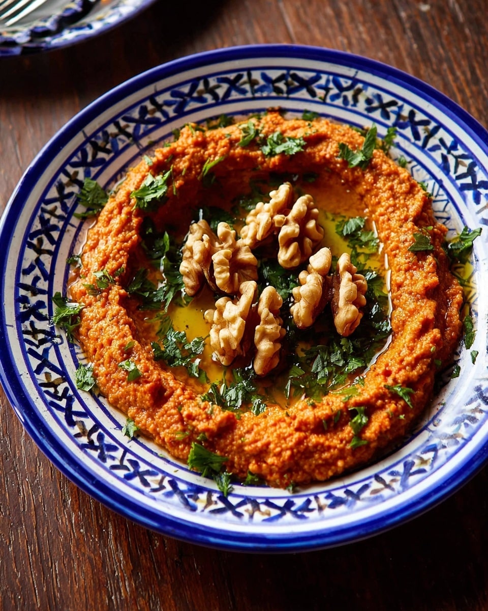 A patterned white and blue plate holds a single serving of a reddish-orange chunky dip spread in a ring shape with a hollow center. Inside the center of the dip are several whole walnut halves arranged in a small pile, surrounded by chopped fresh green herbs. The dip has a coarse texture with visible small bits throughout. The surface beneath the plate is a rich dark brown wood. Photo taken with an iphone --ar 4:5 --v 7