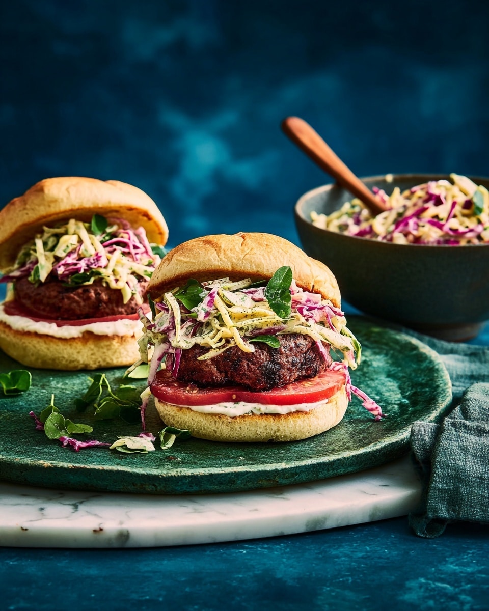 Two burgers sit on a round green stone board over a blue cloth. Each burger has four layers: a bottom light brown toasted bun with white sauce spread on it, a thick dark red patty with a slice of red tomato underneath, a pile of shredded white and green cabbage mixed with thin carrot strips and green herbs on top, and a few green arugula leaves crowning the stack. The buns' top halves are slightly lifted, showing the inside texture. To the right, there is a brown bowl filled with more cabbage salad and a wooden spoon, all placed on the blue cloth, with a white marbled textured wall in the background. photo taken with an iphone --ar 4:5 --v 7