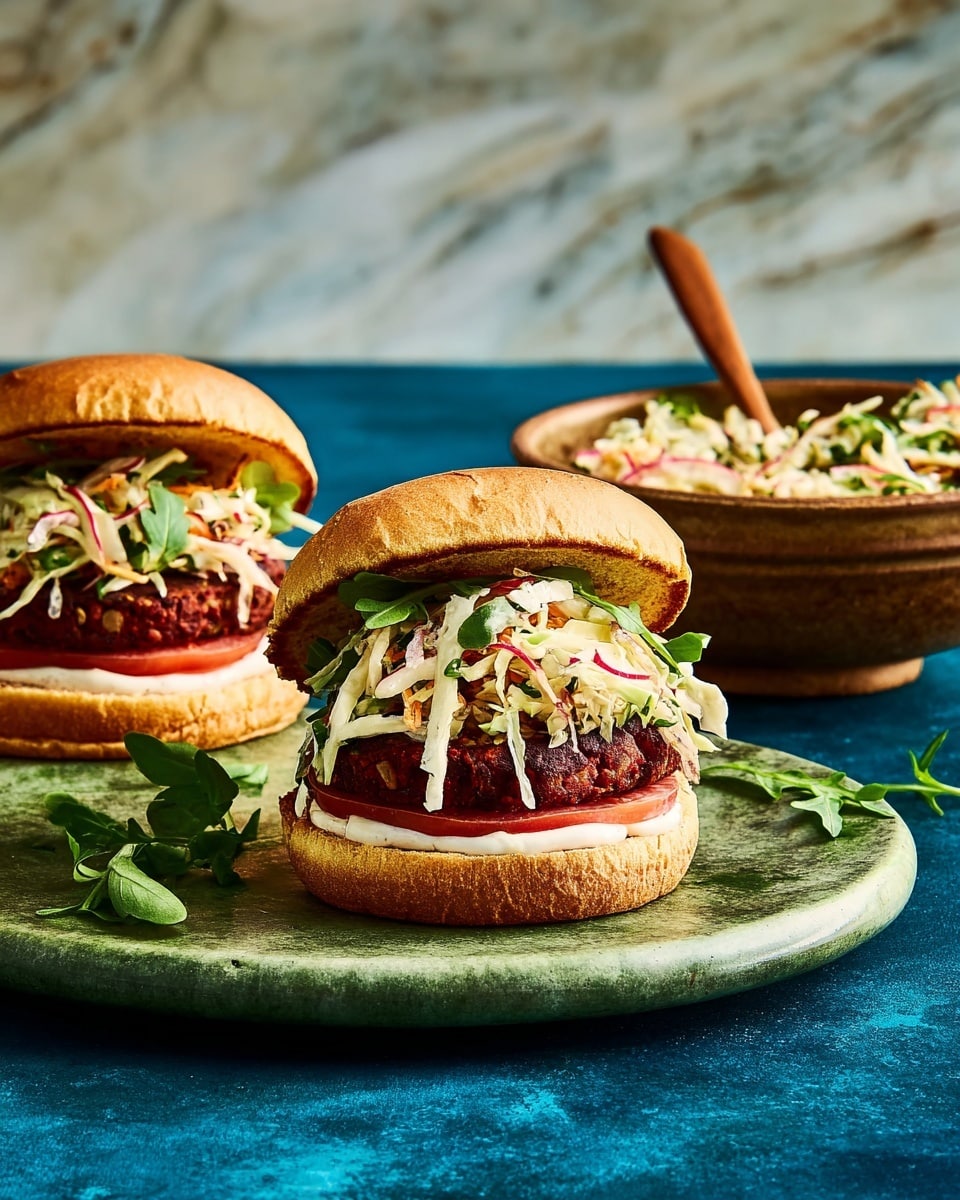 Two burgers sit open-faced on a round dark green slab placed on a blue cloth over a white marbled surface. Each burger has four layers: the bottom lightly grilled white bun spread with white mayonnaise, then a fresh red tomato slice, followed by a thick dark brown grilled patty, and topped with a pale yellow and purple coleslaw mixed with green herbs and leafy greens. The top white buns lean behind the patties, showing their golden-brown grilled inside. To the right, a dark bowl holds extra coleslaw with a wooden spoon inside. The background is deep blue. Photo taken with an iphone --ar 4:5 --v 7