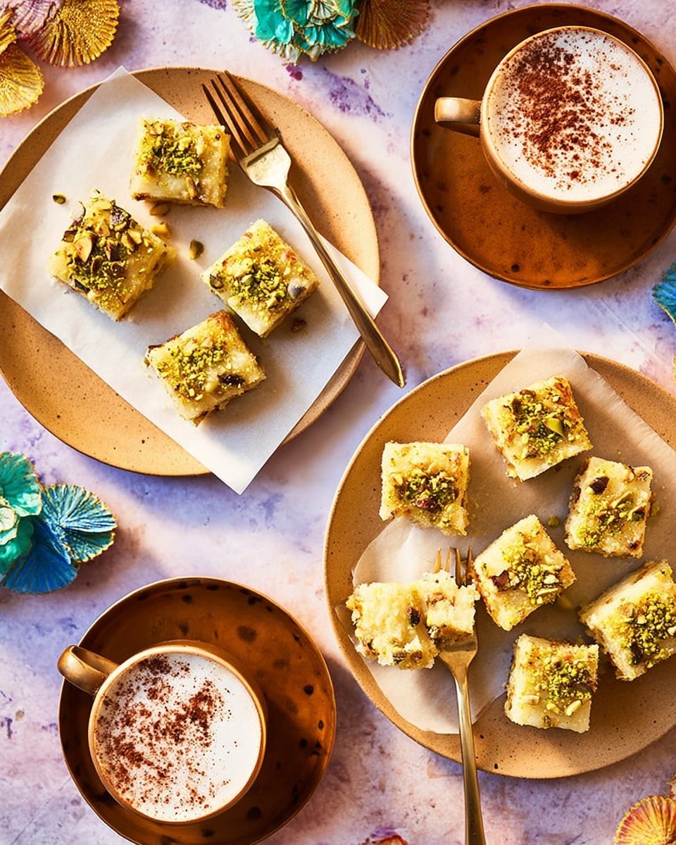 The image shows small square-shaped dessert pieces arranged on two beige plates and a white paper-lined tray. Each piece has a light yellow creamy base topped with chopped green nuts, giving a rough texture on top. One beige plate holds three pieces with a gold fork resting nearby, and another has two pieces with a gold fork cutting into one piece, showing a soft inside. The tray above contains more pieces evenly spaced. Two cups of frothy, white coffee with brown powder on the foam are placed beside the plates, all set on a white marbled surface with purple and off-white decorative elements around. photo taken with an iphone --ar 4:5 --v 7