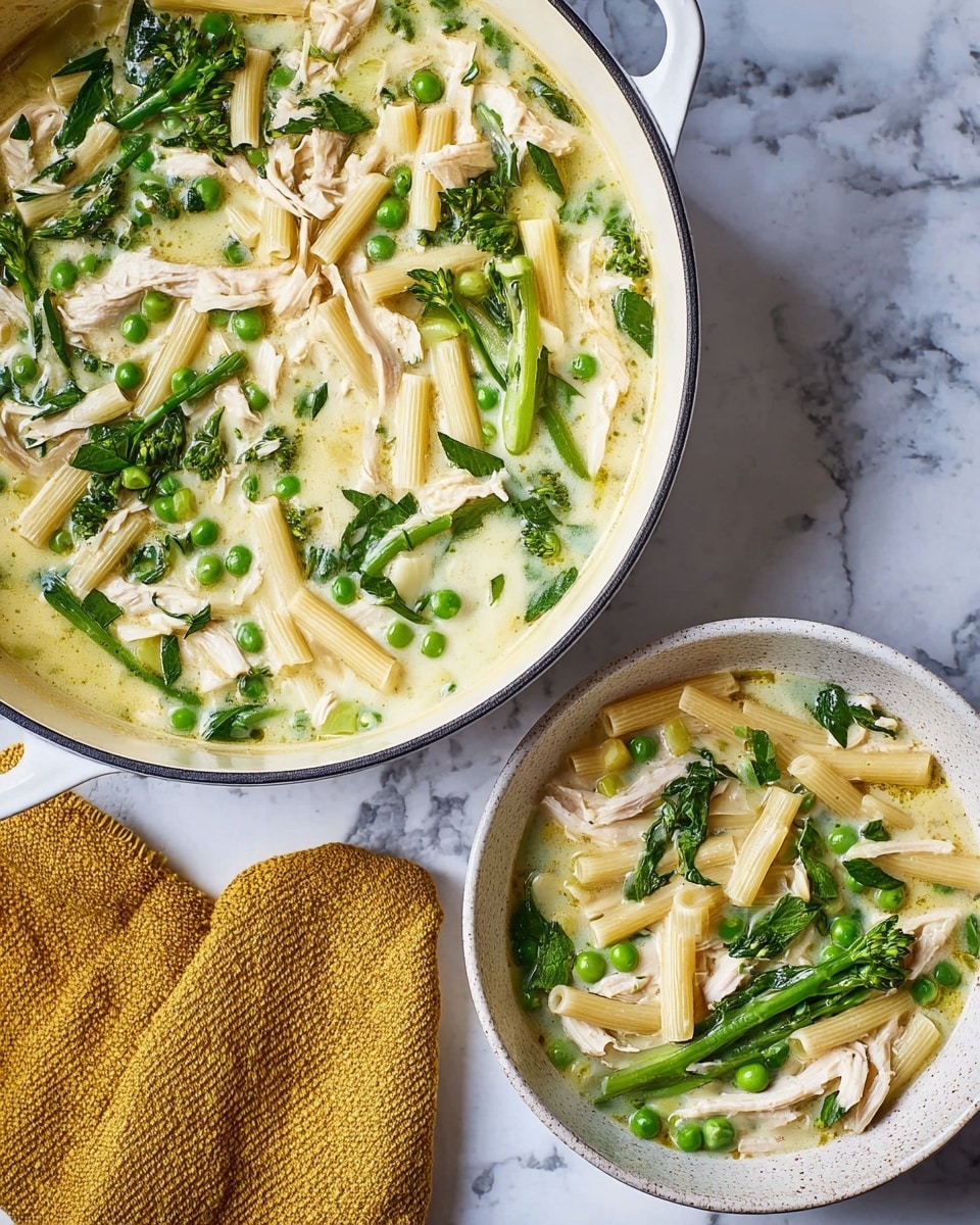 A white pot filled with a creamy soup containing pale yellow pasta sticks, bright green peas, green leafy vegetables, and shredded white chicken pieces, all swimming in a light, thick white broth. Next to the pot is a white bowl holding the same soup, showing the same layers: the creamy broth with floating green peas, leafy greens, pasta, and shredded chicken arranged evenly. A folded mustard-yellow cloth is placed near the pot on a white marbled surface. photo taken with an iphone --ar 4:5 --v 7