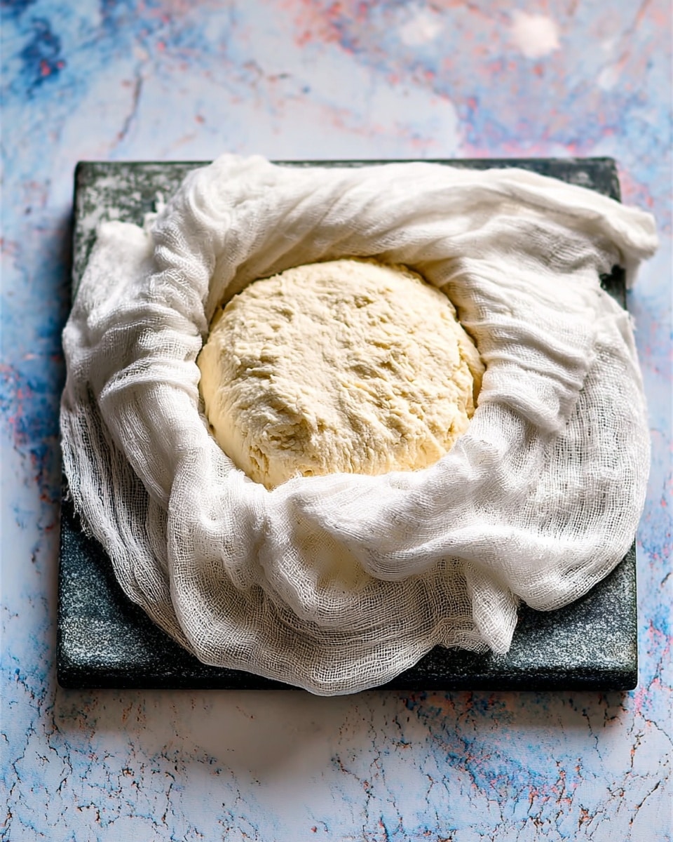 A thick round piece of soft, pale yellow dough with a slightly rough texture sits in the middle, resting on a thin, slightly crumpled white cloth that spreads out irregularly around the dough. Both the dough and cloth are placed on a dark green rectangular stone slab with faint lighter veins. The whole setup is photographed from above on a white marbled texture, which adds a clean and smooth contrast to the roughness of the slab and the softness of the cloth. photo taken with an iphone --ar 4:5 --v 7