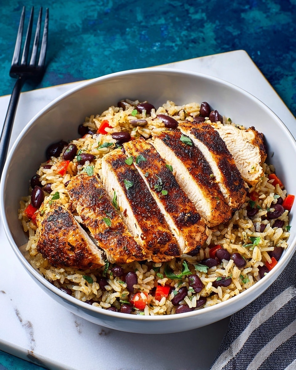 A white round bowl holds a bed of creamy risotto mixed with black beans and small pieces of red bell pepper, creating a textured background of off-white, deep purple, and bright red colors with green herb sprigs scattered on top. On the risotto rests a sliced grilled chicken breast, cut into five thick pieces, showing a golden brown charred surface with juicy white meat inside. The bowl is placed on a blue surface with a white and black striped cloth partially underneath. Photo taken with an iphone --ar 4:5 --v 7