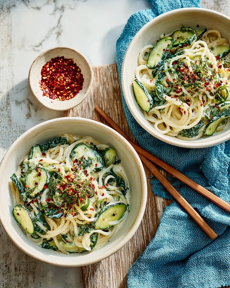 Two white bowls filled with a creamy noodle salad are placed on a white marbled surface. Each bowl contains long, thin noodles mixed with large, uneven cucumber pieces that are dark green on the skin and light green inside. The noodles and cucumbers are coated in a white creamy sauce with sprinkled red chili flakes and small green herb bits on top. A small white bowl with red chili flakes sits above the bowls, and a pair of light brown chopsticks rest beside the bowl on the right. A light blue cloth is placed near the top left bowl. The photo taken with an iphone --ar 4:5 --v 7