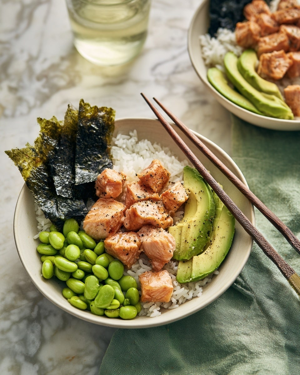 Two white bowls filled with a layered dish sit on a white marbled surface. Each bowl contains a bottom layer of white rice that fills about half the bowl, topped with diced golden-brown cooked salmon pieces clustered near the center. Bright green edamame beans cover one side of the bowl, while thin slices of fresh avocado with a smooth green texture fan out beside the beans. Dark, crispy seaweed sheets stand upright behind the salmon. Light wooden chopsticks lay across the edge of the back bowl and rest beside the front bowl on a soft green cloth. A clear glass of pale yellow liquid is in the background. photo taken with an iphone --ar 4:5 --v 7