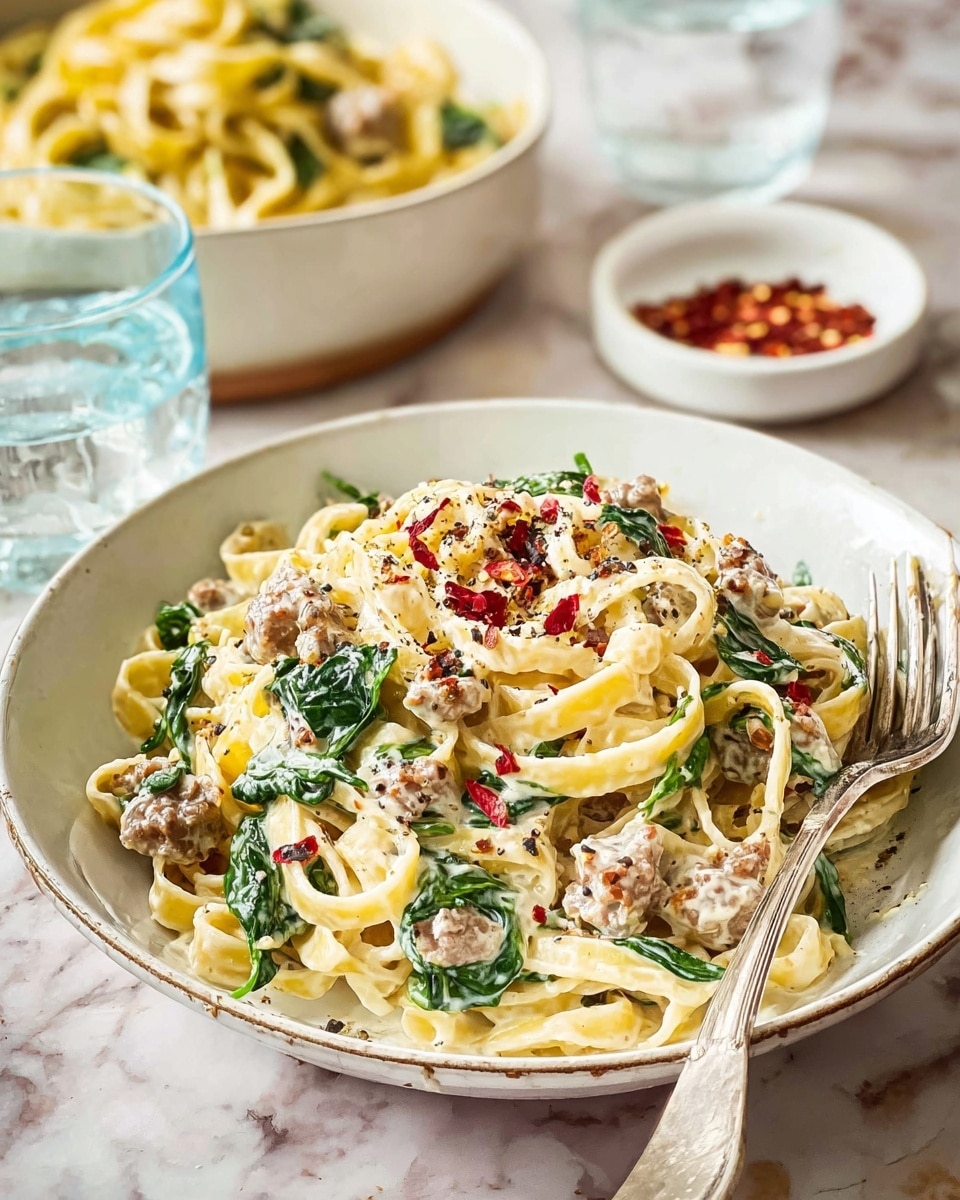 A white bowl filled with creamy pasta showing three main layers: a base of thick yellow fettuccine noodles twisted and piled high, mixed throughout with pieces of light brown mushrooms, and scattered green spinach leaves adding color contrast. The top layer is sprinkled with red chili flakes and black pepper giving a spicy and textured look. In the soft background, there is a second white bowl with more pasta and a small white dish with extra chili flakes, all placed on a white marbled surface. A clear glass of water is beside the bowl, with a metal fork resting on the edge. The whole scene looks bright and fresh. photo taken with an iphone --ar 4:5 --v 7
