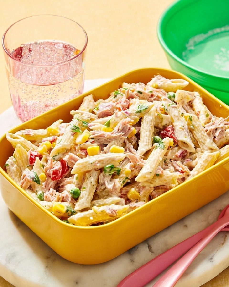 The image shows a yellow rectangular container filled with a creamy pasta salad. The salad has three main layers visible: the base is white penne pasta coated in a smooth white sauce, mixed throughout with yellow corn kernels, small red bell pepper pieces, and green herbs like parsley. On top, there are chunks of light pink tuna scattered evenly. The container is placed on a yellow surface and next to it is a transparent glass with a sparkling drink and a white bowl with a pink fork. Photo taken with an iphone --ar 4:5 --v 7