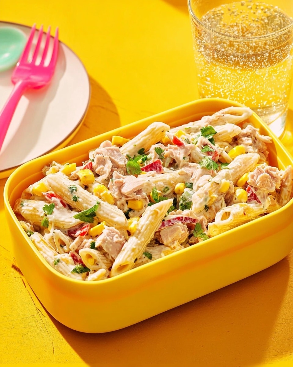 A close-up image of a yellow rectangular container filled with creamy pasta salad. The dish shows three main layers: a base layer of white penne pasta with a smooth and slightly glossy texture, mixed throughout with chunks of pink tuna, scattered pieces of yellow corn, and small bits of red bell pepper and green herbs. The creamy dressing coats all the ingredients, giving a soft shine to the pasta and vegetables. The container is placed on a white marbled surface with a clear glass of fizzy water nearby that has a pinkish tint. A green bowl and pink fork are partially visible on the right side. photo taken with an iphone --ar 4:5 --v 7