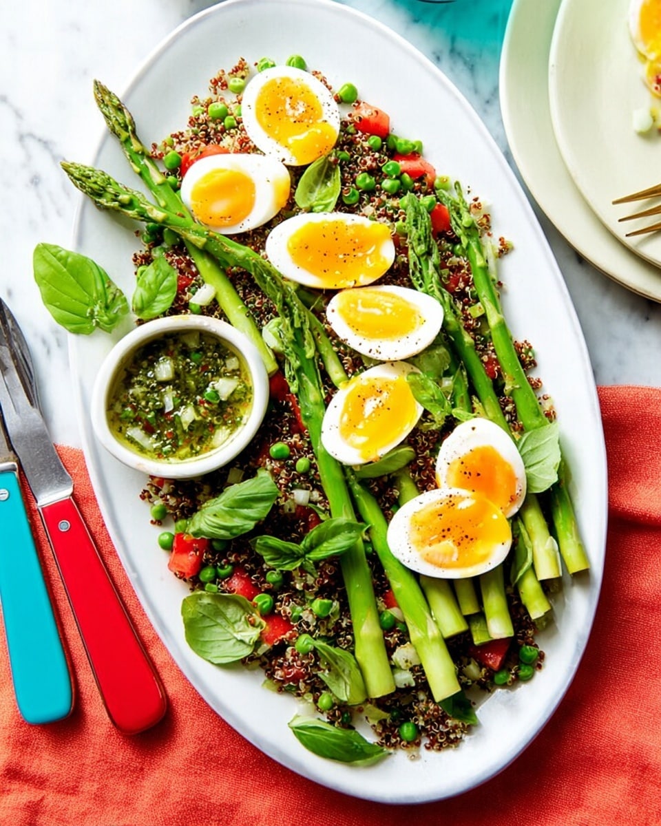 The image shows a white oval plate filled with a fresh, colorful salad on a white marbled surface. The salad has a base layer of mixed quinoa with green peas, red cherry tomatoes, and fresh herbs spread evenly across the plate. On top, there are several bright green asparagus spears aligned side by side. Scattered around and on top of the asparagus are soft-boiled eggs cut in halves, with golden yolks slightly runny and sprinkled with black pepper. Next to the plate is a small white bowl containing chopped green onions in a light sauce. A fork and knife with colorful handles rest on the left edge of the plate. photo taken with an iphone --ar 4:5 --v 7
