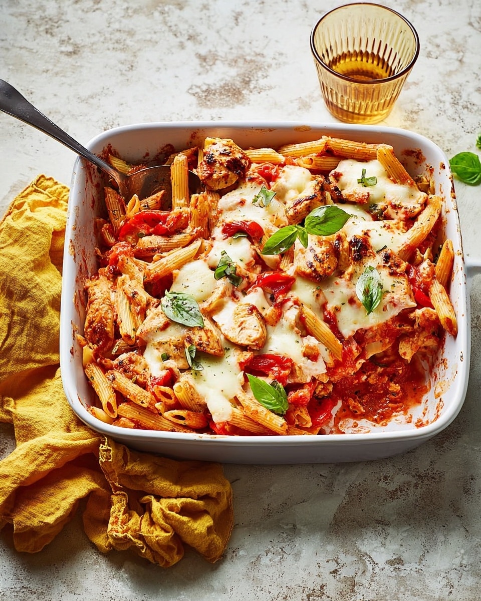 A white baking dish filled with a baked pasta dish made of red sauce-coated penne, with layers of grilled light brown chicken chunks and melted white cheese blobs scattered on top. Bright green fresh basil leaves are placed here and there across the dish. A large shiny metal spoon rests inside on the left side, partially covered by the pasta. The baking dish sits on a white marbled surface, with a crumpled yellow cloth nearby and a glass of golden-colored drink in the upper left corner. photo taken with an iphone --ar 4:5 --v 7