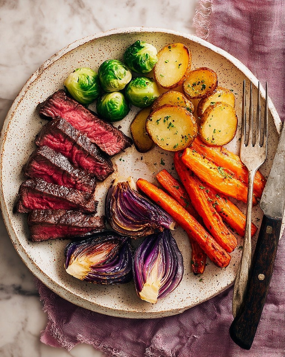 A white round plate holds four main layers of food arranged in sections: at the top right, there are golden-brown roasted potato slices stacked and slightly overlapping; below them to the right, bright orange roasted carrot sticks lie side by side, some showing a slightly charred texture; to the bottom center, a section of caramelized purple-red roasted onion wedges is fanned out with visible char marks; at the bottom left, a small pile of halved bright green Brussels sprouts sits next to the steak pieces on the left. The steak is sliced into thick pieces revealing a juicy dark pink inside with a blackened crust. A silver fork rests on the left side of the plate, and a black-handled knife with traces of food is on the right side, placed over a soft mauve cloth on a white marbled surface. Photo taken with an iphone --ar 4:5 --v 7