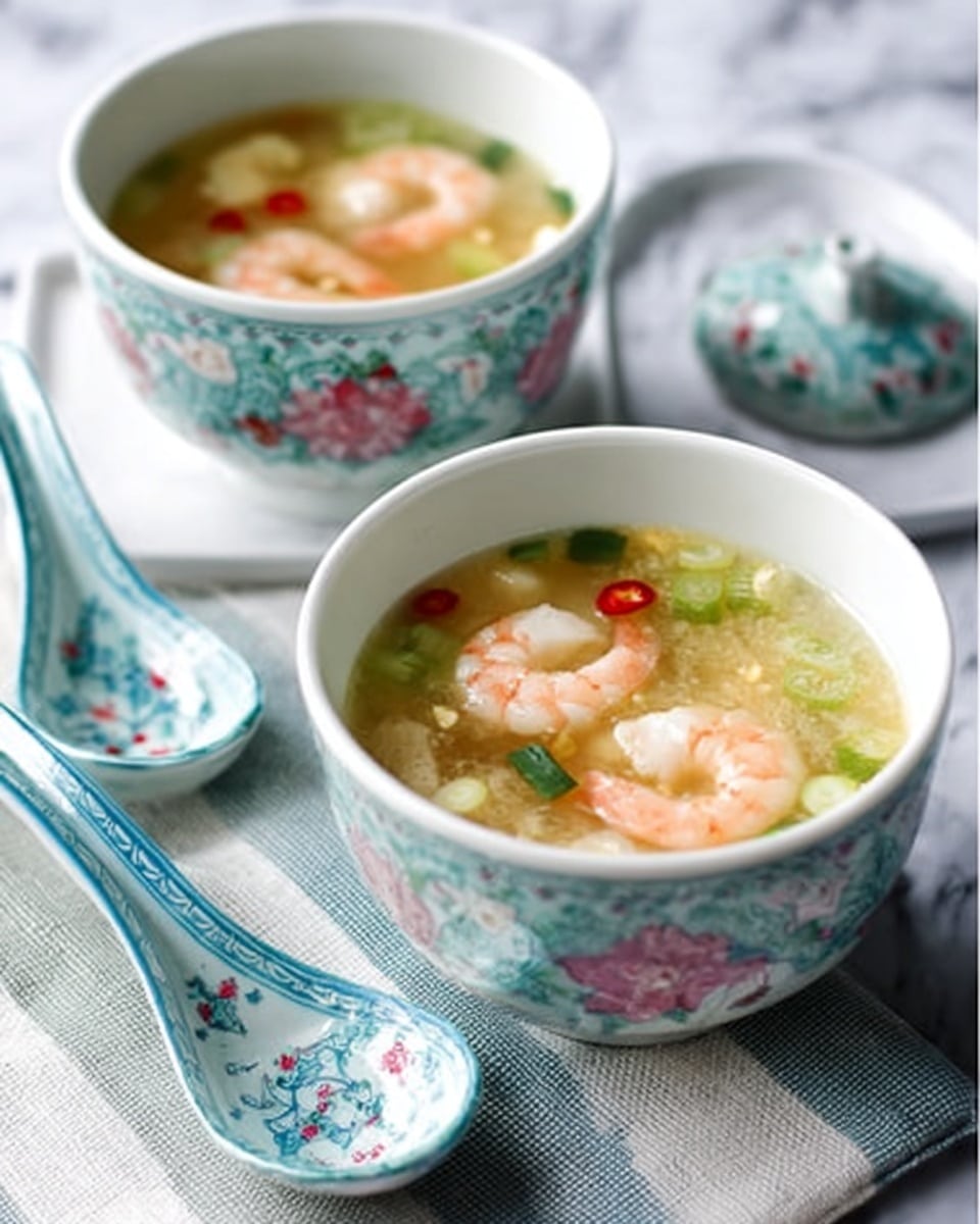 The image shows two white bowls filled with clear broth soup containing three layers of ingredients. The base layer is a light, pale broth with a smooth texture. Floating on the broth are pink shrimp, pale yellow slices of ginger, green scallion rings, and small red chili slices, evenly spread across the bowl. The bowls have intricate blue floral designs on their outer sides, paired with matching ceramic spoons resting nearby. The scene is set on a white marbled surface with another similar bowl covered with a lid in the background. photo taken with an iphone --ar 4:5 --v 7