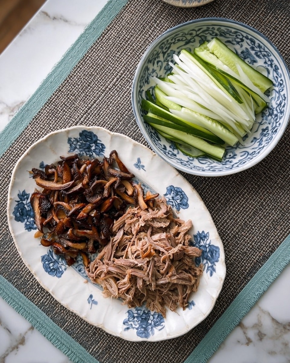 A white oval plate with blue floral patterns holds two layers of food: the left side has dark brown, crispy strips of meat with a rough texture, and the right side has light brown, shredded meat with a fibrous look. To the right of this plate is a white round bowl filled with thin, bright green cucumber slices and white scallion strips that look fresh and crisp. The dishes are placed on a white marbled surface with a small bamboo steamer basket visible at the top. Photo taken with an iphone --ar 4:5 --v 7