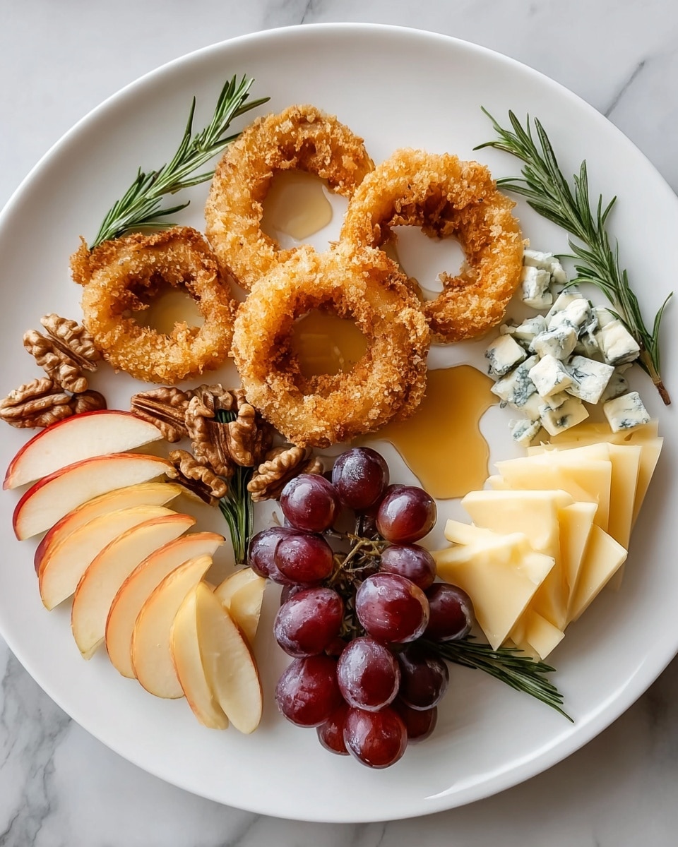 A white plate holds a beautiful arrangement with layers of different foods placed carefully. On one side, there are red grapes with a shiny, smooth texture grouped together. Next to them are thin slices of light yellow to pale red apple slices standing upright. Moving inward, there are several small cubes of blue cheese, creamy white with dark blue veins, scattered around and topped with a few sprigs of fresh green rosemary. Four round, golden-brown onion rings with a crunchy, rough texture form a loose circle in the center. Near the onion rings are several brown shelled walnuts adding a rough texture. On another side, there are smooth, folded slices of pale yellow cheese delicately placed next to more apple slices that are light yellow with a red blush. A few drops of honey add a shiny golden layer on top of some ingredients. The plate sits on a white marbled textured surface. photo taken with an iphone --ar 4:5 --v 7