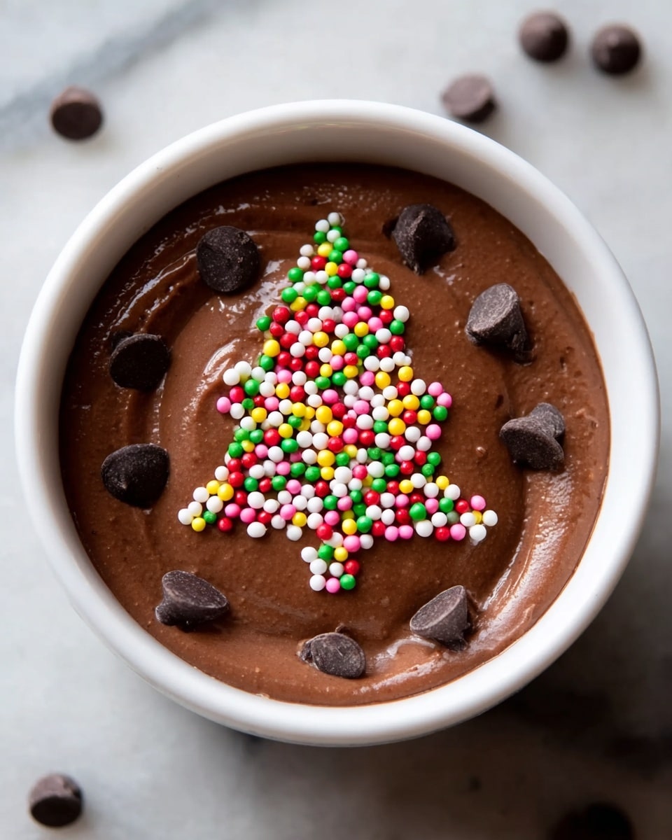 A white bowl filled with smooth, dark brown chocolate mousse that has a creamy texture, topped with a colorful Christmas tree shape made from small round candy sprinkles in red, green, white, orange, pink, and yellow, accented with larger dark chocolate chips scattered within the tree shape on the mousse surface. The bowl sits on a white marbled textured surface. photo taken with an iphone --ar 4:5 --v 7