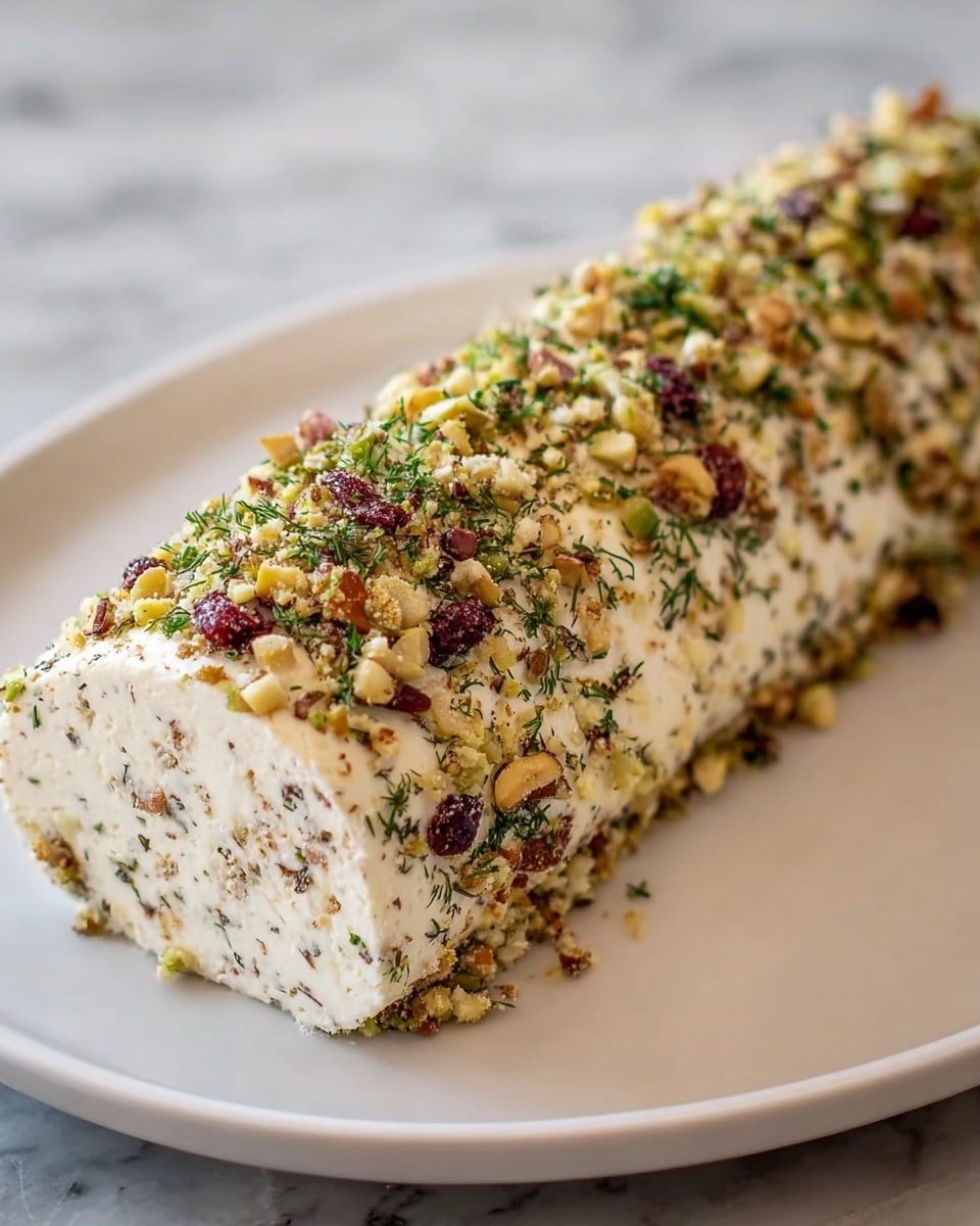 A long, rectangular block of creamy, off-white cheese is covered with a sprinkle of finely chopped green herbs, small bits of red dried fruit, and crushed light brown nuts, all spread evenly on its surface. The texture of the cheese looks smooth with a few specks inside, while the topping adds a crumbly and fresh look. This cheese block rests on a plain white plate placed on a white marbled surface, with some topping pieces scattered around the base of the cheese. photo taken with an iphone --ar 4:5 --v 7