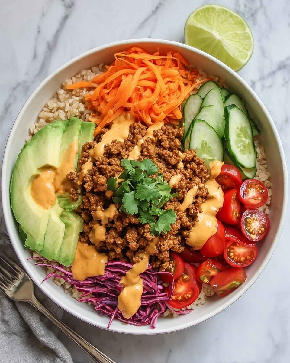 A white bowl filled with several layers arranged in sections: at the base, light brown cooked rice; on top of the rice, a mound of crumbly, browned ground meat in the center, drizzled with a light tan sauce and garnished with small green cilantro leaves; to the left, several slices of bright orange shredded carrot topped with the same tan sauce; above the carrots, three slices of green avocado with a smooth texture, also drizzled with the tan sauce; next to the avocado, thin, round slices of pale green cucumber; on the right side, thin red shredded vegetables with some slices of almonds; below this, halved bright red cherry tomatoes, also topped with the tan sauce; a half slice of green lime sits near the avocado and cucumber. All is placed on a white marbled surface with a spoon and fork nearby. Photo taken with an iphone --ar 4:5 --v 7