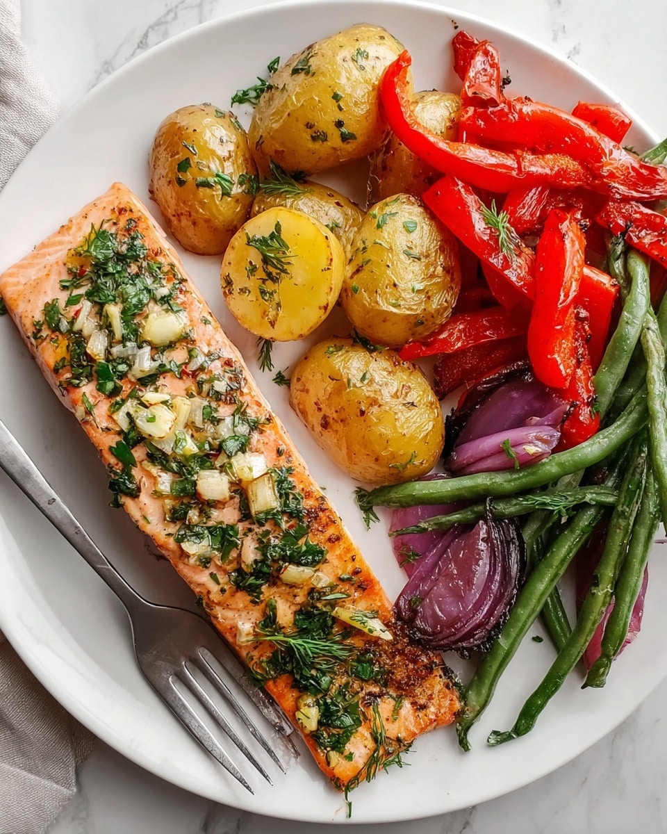 A white plate holds a meal with a large, rectangular piece of cooked salmon on the left side, topped with chopped green herbs and a slight glaze. Near the top edge of the plate are golden-brown baby potatoes, some sliced in half revealing a soft yellow interior sprinkled with herbs. On the right side, there are bright red roasted pepper strips, purple onion halves with a glossy texture, and long, green cooked beans layered loosely. A silver fork rests on the bottom left of the plate on a white marbled surface. photo taken with an iphone --ar 4:5 --v 7