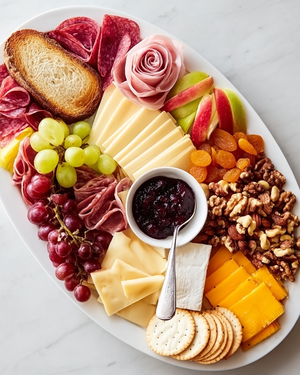 A large white oval platter sits on a white marbled surface filled with many colorful layers. On the left side, there are stacked slices of toasted bread, a pile of folded thin salami in red tones, and yellow cheese slices layered next to green and red grapes. The center features folded light pink prosciutto, layered apple slices with red and green skins standing upright, mixed grapes in green and purple, and small orange dried apricots layered near clusters of red and green grapes. A small white bowl filled with dark purple jam sits near the lower right, surrounded by rounded crackers arranged in a fan shape, pale yellow sharp cheese slices, and a wedge of soft white brie cheese resting on a bed of mixed nuts including walnuts, almonds, and pistachios. More slices of round, red cured meat are layered on the upper right side. photo taken with an iphone --ar 4:5 --v 7