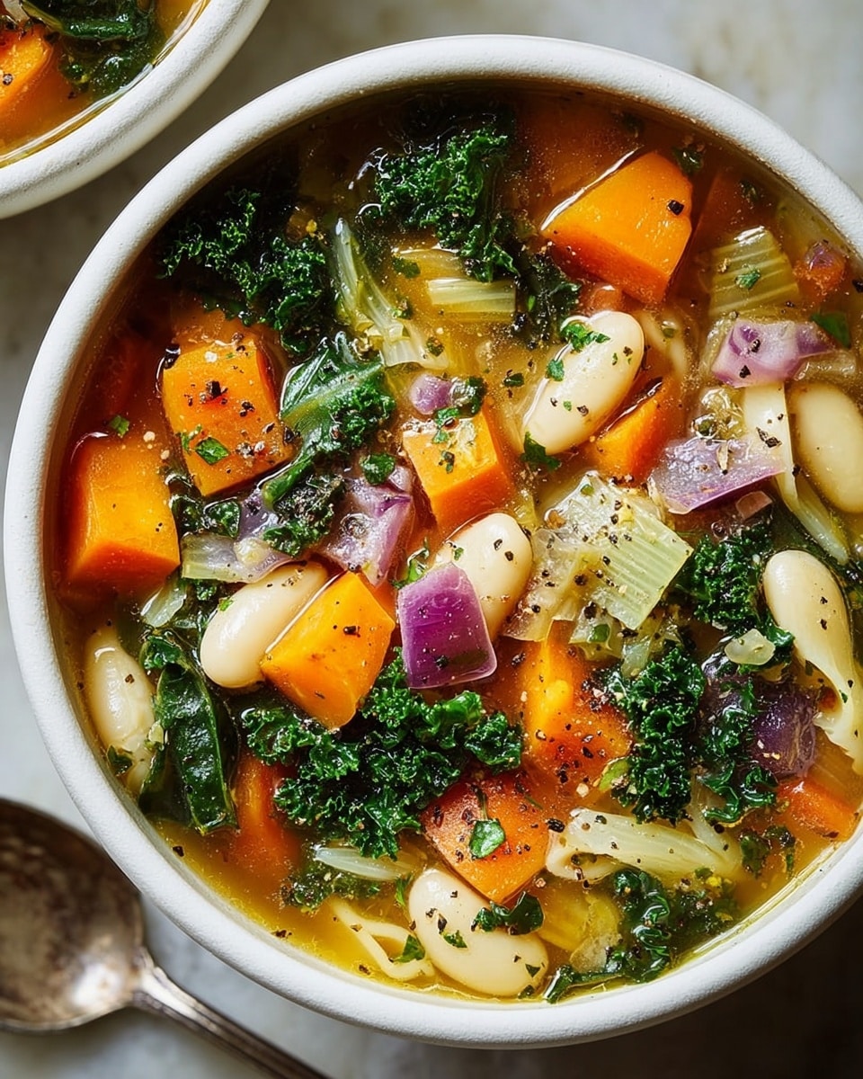 A close-up view of a white bowl filled with a colorful vegetable soup sitting on a white marbled surface with a spoon beside it. The soup has several layers including bright orange chunks of carrots and butternut squash, dark green curly kale leaves, white cannellini beans, light green celery pieces, and bits of red onion. There are also some small, hollow, tubular pasta pieces scattered throughout. The broth is clear with a brownish tint and sprinkled with finely chopped green herbs and ground black pepper, giving a textured and fresh look to the soup. Photo taken with an iphone --ar 4:5 --v 7