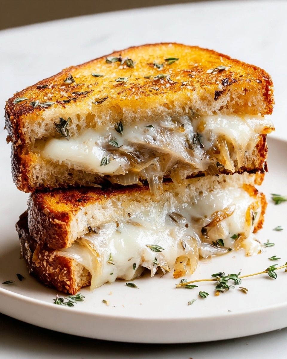 A grilled sandwich cut diagonally into two halves stacked on a white plate sits against a white marbled texture background. Each sandwich half shows three clear layers: the top and bottom layers are golden-brown toasted bread with visible texture and specks of herbs, the middle layer is melted white cheese that oozes slightly out of the bread, and between the cheese layers there are caramelized onions with a shiny, soft texture and a light brown color. Small fresh green herb leaves are scattered on the bread and some on the plate for garnish. The photo taken with an iphone --ar 4:5 --v 7