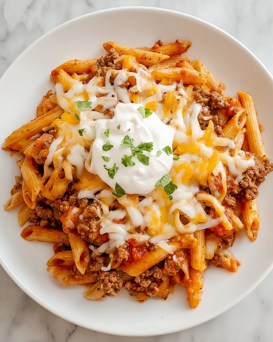 A white plate holds a serving of penne pasta coated in a reddish-brown meat sauce mixed with small chunks of cooked ground meat and pieces of onion, topped with a layer of shredded yellow and white cheese, and finished with a dollop of smooth, white sour cream in the center. The pasta pieces are arranged mostly around the edge, while the meat sauce and cheese form a thick central mound. The background features a white marbled texture. photo taken with an iphone --ar 4:5 --v 7