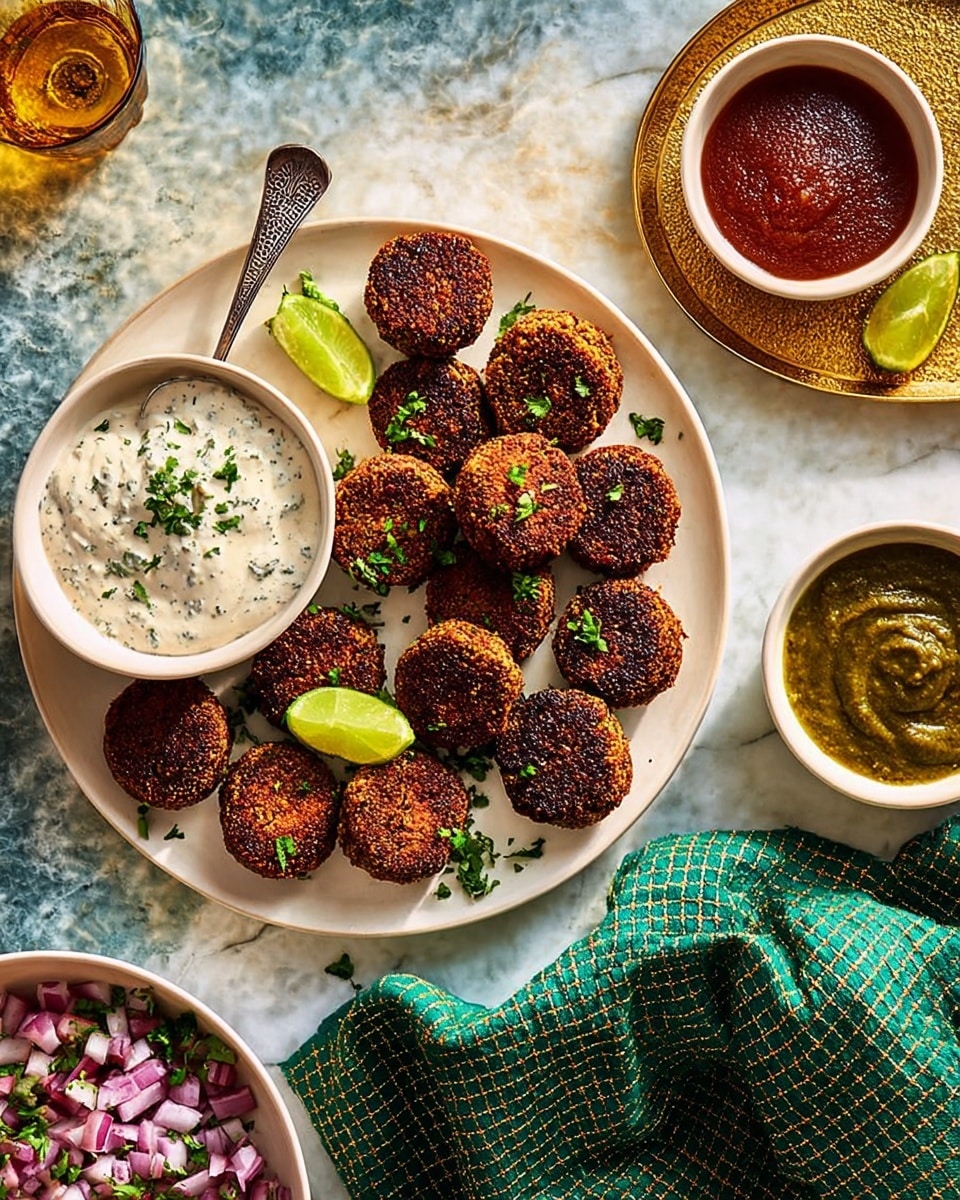 A round white plate holds about sixteen round falafel patties, varying in dark brown and golden brown colors with a crispy texture. Three lime wedges are placed among the falafel on the plate. On the upper left side of the plate, there is a beige bowl filled with a creamy white dipping sauce sprinkled with some green herbs, and a spoon sticks out from this bowl. To the right side of the image, there is a brass tray with two beige bowls; one contains a dark green sauce with a smooth texture and the other has a dark red sauce with a thick consistency. Below and to the left corner, there is a partially visible beige bowl filled with a finely chopped mix of red onions and herbs. A green cloth with golden lines is draped beside the brass tray. The background is a white marbled texture. photo taken with an iphone --ar 4:5 --v 7