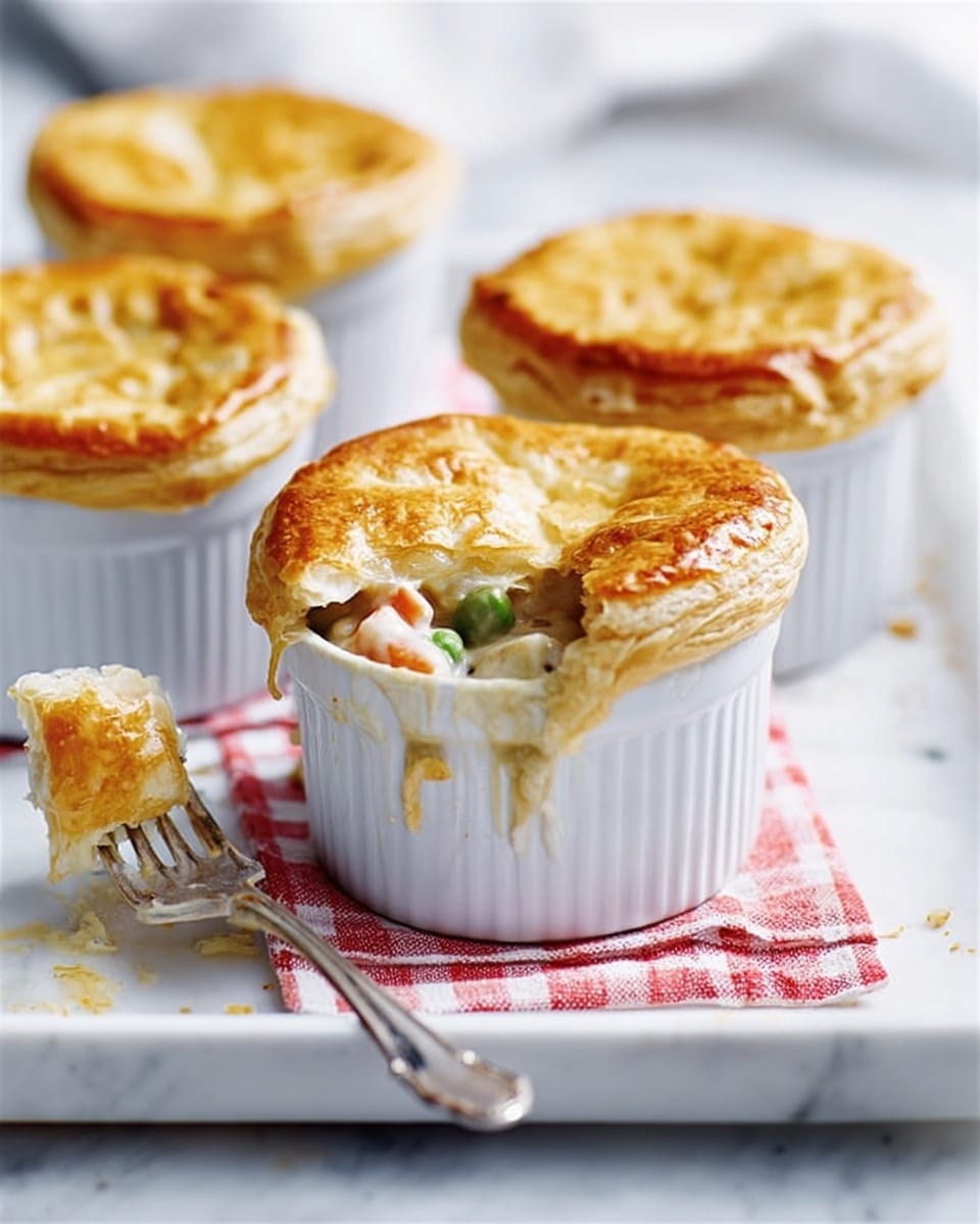 There are four white ramekins on a white marbled tray with a red and white checked cloth underneath. Each ramekin is filled with a golden-brown baked crust on top, with a slightly uneven, bubbly texture. One ramekin in the front has its crust broken open, showing a creamy mixture inside with light chunks of vegetables and possibly chicken. A fork with a woman's hand is lifting up some of the filling, which looks rich and thick. The crust edges are flaky and slightly crisp. The background is softly blurred with a bright light. photo taken with an iphone --ar 4:5 --v 7