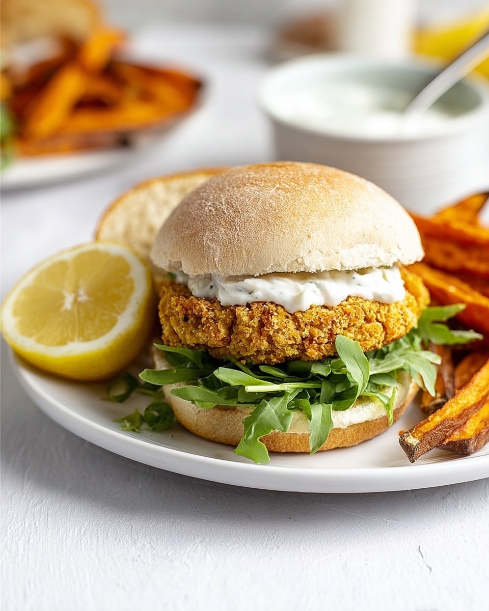 A sandwich is placed on a white plate against a white marbled background. The sandwich has four main layers: the bottom layer is a soft brown bun with visible texture, followed by fresh green arugula leaves. On top of the greens is a thick, golden crispy patty with a crunchy texture. The top layer is a dollop of white creamy sauce with small pieces inside, under a matching brown bun. Next to the sandwich are thick, orange-brown baked sweet potato fries. There are two lemon wedges placed on the plate beside the sandwich. Photo taken with an iphone --ar 4:5 --v 7