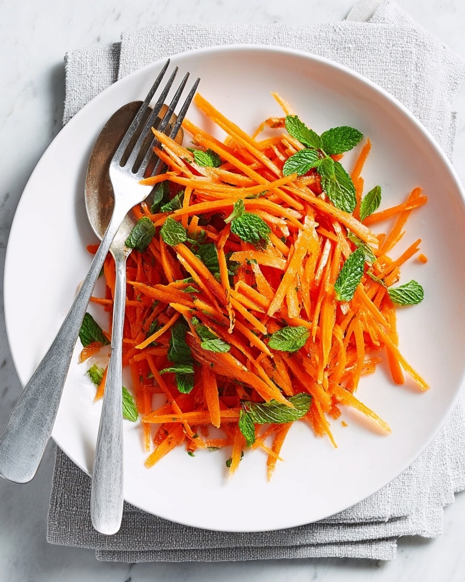A white plate holds a simple carrot salad made of thin, bright orange carrot sticks layered evenly across the plate. Small green mint leaves are scattered on top, adding color contrast and freshness. A woman's hand is holding a metal spoon and fork placed on the left side of the plate, resting gently on a white marbled textured surface underneath. The overall look is clean, fresh, and bright photo taken with an iphone --ar 4:5 --v 7