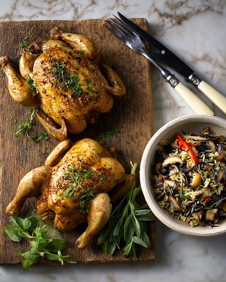 The image shows two golden brown roasted small chickens with a crispy, slightly shiny skin, placed on a wooden board. Each chicken has visible herb sprigs on top, giving a fresh green contrast to the warm tones of the roasted meat. To the right of the chickens, there is a round white bowl filled with a mixed grain salad containing wild rice, black beans, small diced red and green vegetables, and some green herbs on top. Next to the bowl, there is a white-handled fork and knife set placed on the wooden board. A small bunch of fresh green herbs is placed at the lower-left corner of the board, which rests on a white marbled surface. Photo taken with an iphone --ar 4:5 --v 7