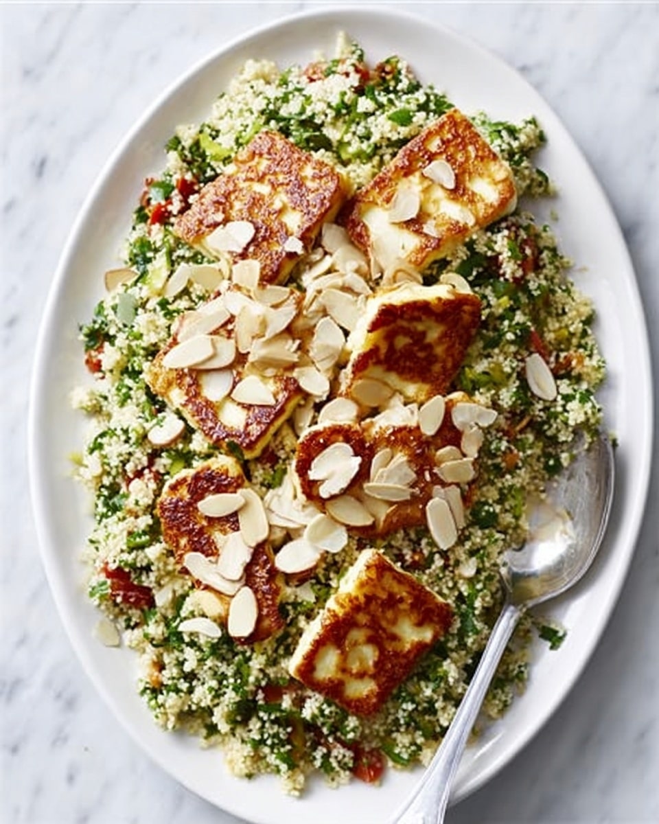 This image shows a white oval plate placed on a white marbled surface, filled with a bed of green couscous mixed with small red pieces of tomato and herbs. On top of the couscous are five slices of golden-brown fried cheese, each with a crispy texture and slightly uneven edges. Scattered over the dish are light beige almond slices adding a crunchy texture. A silver spoon rests on the right side of the plate, partially touching the couscous. photo taken with an iphone --ar 4:5 --v 7